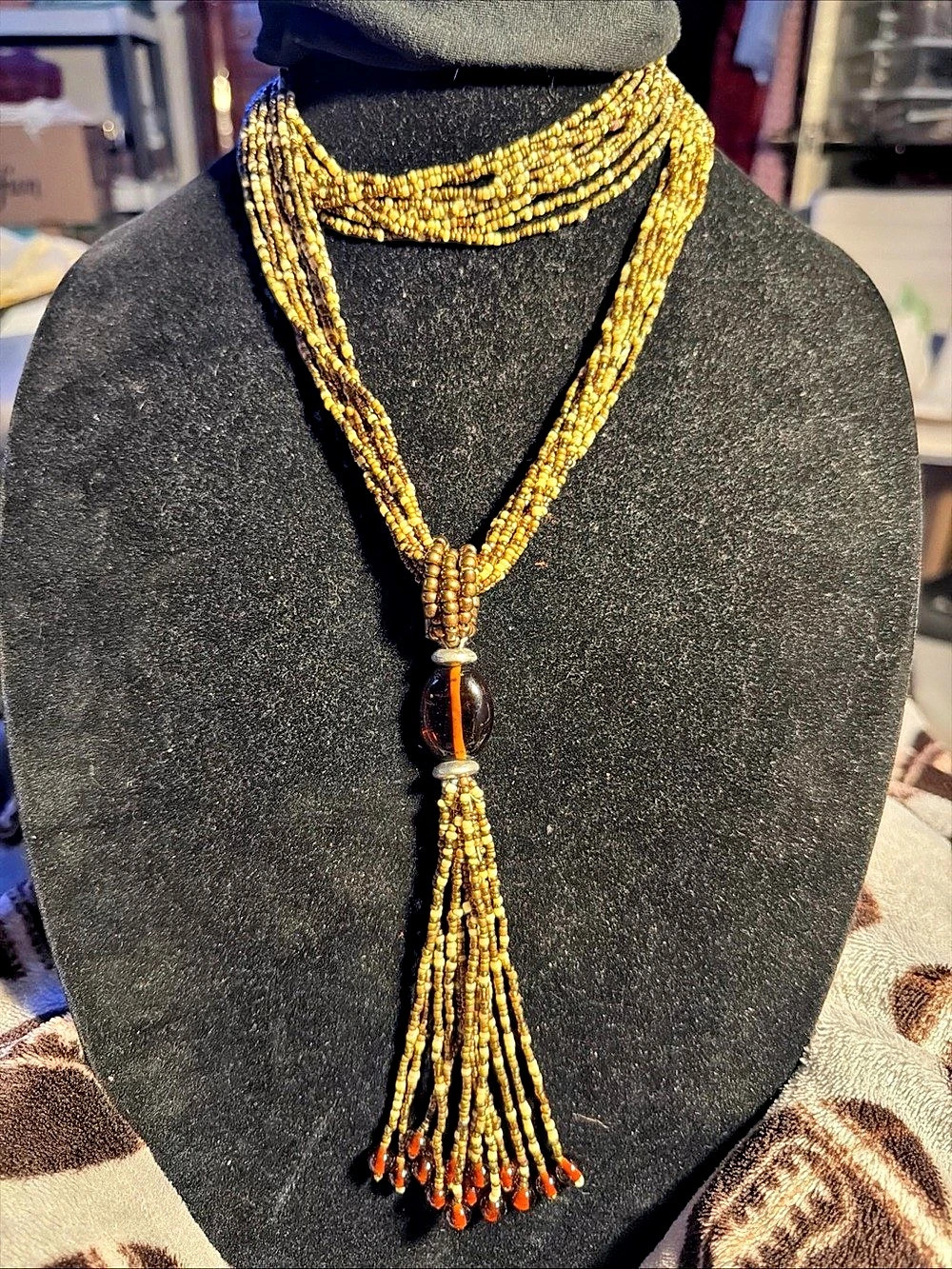 LANE BRYANT Beaded Tassel Necklace in Gold & Brown Like New 25”